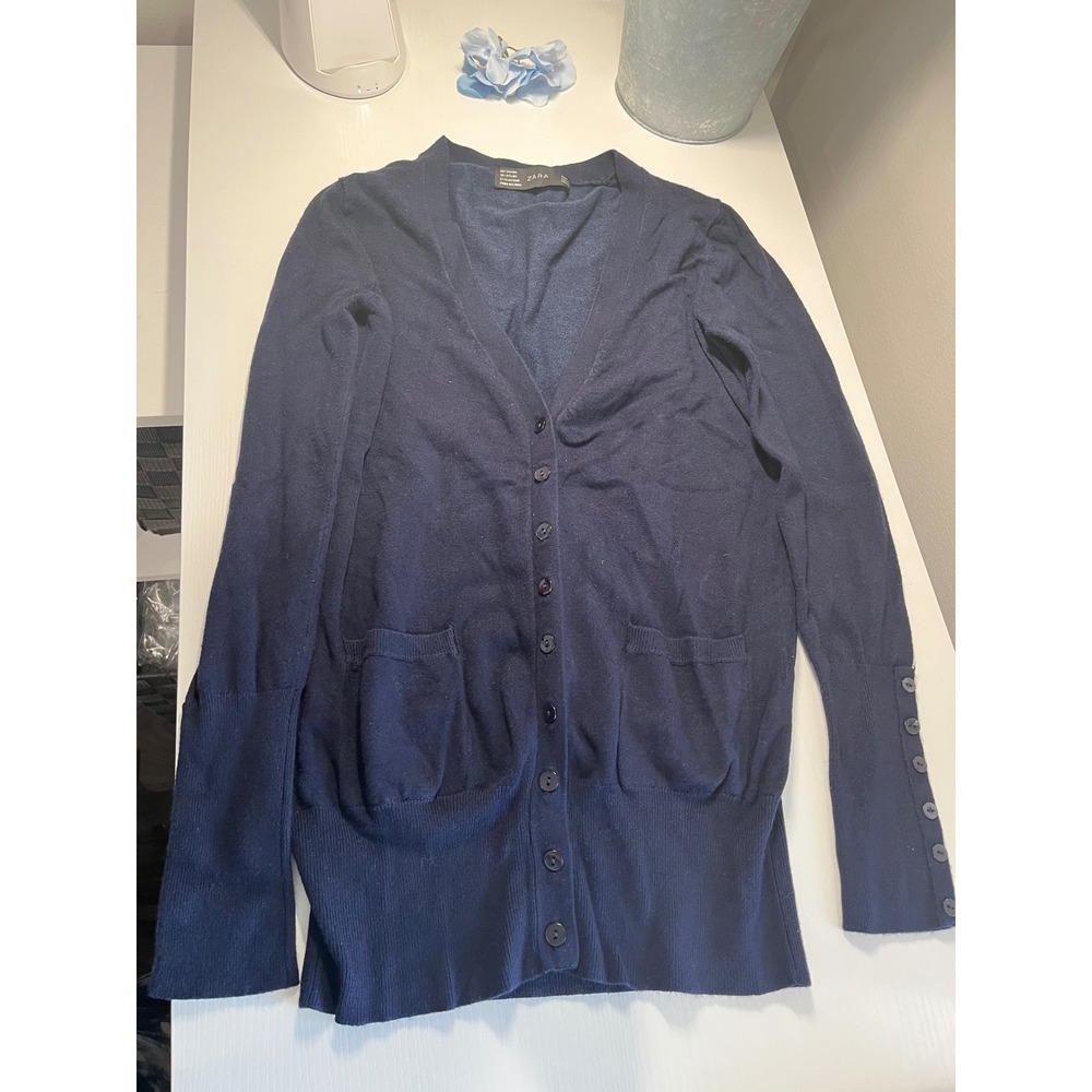 Zara Navy Blue Longline Button Front Cardigan‎ with Pocket Detail Size Medium